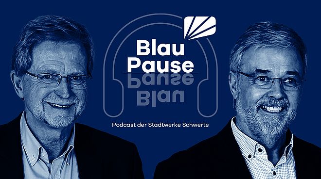 Das Logo der BlauPause mit den Portraits der beiden Gäste der ersten Folge